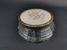 Load image into Gallery viewer, Vintage Powder Jar Vanity or Jewelry Box Clear Glass Gold Brass Lid with Hand Stitched Petit Pointe Needlepoint Flowers Art Deco 1920's