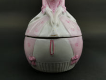 Load image into Gallery viewer, Antique Jewelry Ring or Trinket Box Ceramic Porcelain Victorian Crinoline Lady Figurine Novelty Hand Painted Bisque Late 1800's Original
