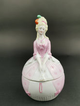 Load image into Gallery viewer, Antique Jewelry Ring or Trinket Box Ceramic Porcelain Victorian Crinoline Lady Figurine Novelty Hand Painted Bisque Late 1800's Original