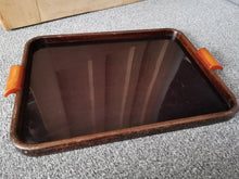 Load image into Gallery viewer, Vintage Art Deco Serving Tray Wood and Plastic with Amber Phenolic Bakelite Side Handles 1920's - 1930's