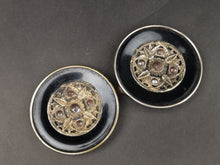 Load image into Gallery viewer, Antique Women's Belt Buckle Victorian Black Gold and Silver Cut Steel and Enamel Paint Mourning 1800's Original