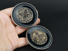 Load image into Gallery viewer, Antique Women's Belt Buckle Victorian Black Gold and Silver Cut Steel and Enamel Paint Mourning 1800's Original