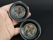 Load image into Gallery viewer, Antique Women's Belt Buckle Victorian Black Gold and Silver Cut Steel and Enamel Paint Mourning 1800's Original