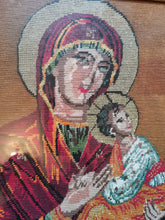 Load image into Gallery viewer, Antique Virgin Mary and Baby Jesus Needlepoint Embroidery Tapestry Hand Made Stitched Framed in Gold Gilt Frame Wall Art Hanging Original