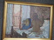 Load image into Gallery viewer, Vintage Needlepoint Embroidery Portrait of Nude Lady in Bedroom Hand Made Original Art Framed Fully Embroidered Tapestry Wall Hanging