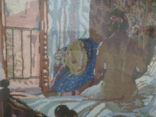 Load image into Gallery viewer, Vintage Needlepoint Embroidery Portrait of Nude Lady in Bedroom Hand Made Original Art Framed Fully Embroidered Tapestry Wall Hanging