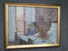 Load image into Gallery viewer, Vintage Needlepoint Embroidery Portrait of Nude Lady in Bedroom Hand Made Original Art Framed Fully Embroidered Tapestry Wall Hanging