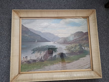 Load image into Gallery viewer, Antique Oil Painting of Scottish Highlands Scotland Landscape Loch and Mountains with Cattle Cows Boy Dog Signed A.K. King and Dated 1894