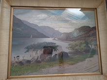 Load image into Gallery viewer, Antique Oil Painting of Scottish Highlands Scotland Landscape Loch and Mountains with Cattle Cows Boy Dog Signed A.K. King and Dated 1894