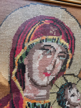 Load image into Gallery viewer, Antique Virgin Mary and Baby Jesus Needlepoint Embroidery Tapestry Hand Made Stitched Framed in Gold Gilt Frame Wall Art Hanging Original