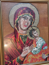 Load image into Gallery viewer, Antique Virgin Mary and Baby Jesus Needlepoint Embroidery Tapestry Hand Made Stitched Framed in Gold Gilt Frame Wall Art Hanging Original
