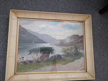 Load image into Gallery viewer, Antique Oil Painting of Scottish Highlands Scotland Landscape Loch and Mountains with Cattle Cows Boy Dog Signed A.K. King and Dated 1894