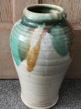 Load image into Gallery viewer, Antique Stoneware Ceramic Pottery Vase Large Late 1800's - Early 1900's Original Beige with Brown and Green Glaze Hand Made Rustic