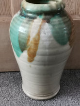 Load image into Gallery viewer, Antique Stoneware Ceramic Pottery Vase Large Late 1800's - Early 1900's Original Beige with Brown and Green Glaze Hand Made Rustic