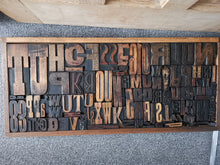 Load image into Gallery viewer, Antique Letterpress Printers Wooden Drawer with Alphabet Wooden Block Stamps Wood Block Type Printing Plate Stamps Set Lot Collection Large