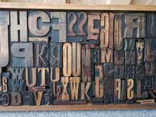 Load image into Gallery viewer, Antique Letterpress Printers Wooden Drawer with Alphabet Wooden Block Stamps Wood Block Type Printing Plate Stamps Set Lot Collection Large
