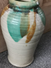 Load image into Gallery viewer, Antique Stoneware Ceramic Pottery Vase Large Late 1800's - Early 1900's Original Beige with Brown and Green Glaze Hand Made Rustic