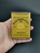 Load image into Gallery viewer, Antique Philip Morris Tobacco Tin Metal Box Special Blend with Slide Top Opening Mustard Yellow Made in USA Early 1900's