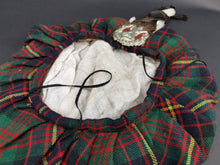 Load image into Gallery viewer, Vintage Tam O'Shanter Hat Scottish Wool Tartan with Cameron Family Crest Badge Brooch Pin and Grouse Feathers 1930's Made in Scotland