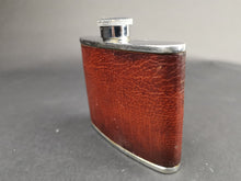 Load image into Gallery viewer, Vintage Hip Flask Bottle Brown Leather Montana Calf Skin and Silver Chrome Metal 1950's Mid Century Made in England 4oz