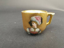 Load image into Gallery viewer, Antique Miniature Ceramic Teacup Tea Cup with Lady Painting Original Art Hand Painted Victorian Gold 1800's Dolls House Porcelain