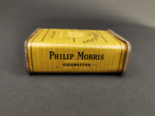 Load image into Gallery viewer, Antique Philip Morris Tobacco Tin Metal Box Special Blend with Slide Top Opening Mustard Yellow Made in USA Early 1900's