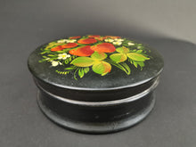 Load image into Gallery viewer, Vintage Russian Tin Metal Box with Hand Painted Strawberries Toleware Original Art Painting Round