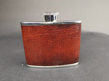 Load image into Gallery viewer, Vintage Hip Flask Bottle Brown Leather Montana Calf Skin and Silver Chrome Metal 1950's Mid Century Made in England 4oz