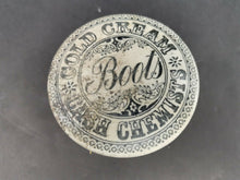 Load image into Gallery viewer, Antique Boots Chemist Pharmacy Cold Cream Pot Jar with Top Lid Ceramic Pottery 1890's Victorian Original White with Black Writing