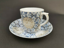 Load image into Gallery viewer, Antique Japanese Teacup and Saucer Set Egg Shell Tea Cup Asian Oriental Porcelain Blue and White with Gold Details