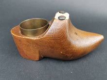 Load image into Gallery viewer, Antique Match Holder and Striker Carved Wood Miniature Dutch Clog Shoe Early 1900's Original Wooden Brass Hand Made