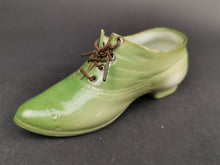 Load image into Gallery viewer, Vintage Miniature Shoe Figurine with Braided Metal Wire Laces Ceramic Bisque Porcelain Green Early 1900's