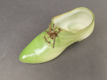 Load image into Gallery viewer, Vintage Miniature Shoe Figurine with Braided Metal Wire Laces Ceramic Bisque Porcelain Green Early 1900's