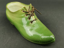 Load image into Gallery viewer, Vintage Miniature Shoe Figurine with Braided Metal Wire Laces Ceramic Bisque Porcelain Green Early 1900's