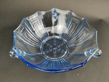 Load image into Gallery viewer, Vintage Blue Depression Glass Bowl Art Deco 1920's - 1930's Original with Bubble Side Handles