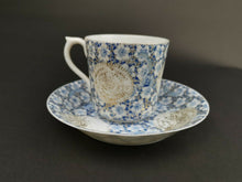 Load image into Gallery viewer, Antique Japanese Teacup and Saucer Set Egg Shell Tea Cup Asian Oriental Porcelain Blue and White with Gold Details