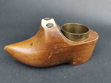 Load image into Gallery viewer, Antique Match Holder and Striker Carved Wood Miniature Dutch Clog Shoe Early 1900's Original Wooden Brass Hand Made
