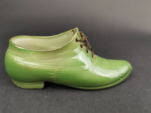 Load image into Gallery viewer, Vintage Miniature Shoe Figurine with Braided Metal Wire Laces Ceramic Bisque Porcelain Green Early 1900's