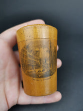 Load image into Gallery viewer, Antique Mauchlineware Case with Medicine or Shot Glass Inside Trongate Glasgow Scotland 1880's Victorian Original Treen Wood Wooden