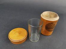 Load image into Gallery viewer, Antique Mauchlineware Case with Medicine or Shot Glass Inside Trongate Glasgow Scotland 1880's Victorian Original Treen Wood Wooden