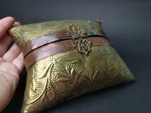 Load image into Gallery viewer, Vintage Gold Brass and Copper Metal Shoulder Bag Purse Hand Hammered Ornate Lined with Red Velvet and Chain Link Strap