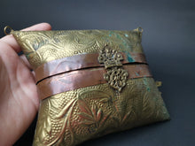 Load image into Gallery viewer, Vintage Gold Brass and Copper Metal Shoulder Bag Purse Hand Hammered Ornate Lined with Red Velvet and Chain Link Strap