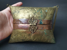 Load image into Gallery viewer, Vintage Gold Brass and Copper Metal Shoulder Bag Purse Hand Hammered Ornate Lined with Red Velvet and Chain Link Strap