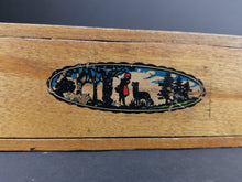Load image into Gallery viewer, Vintage Wooden Slide Top Pencil Storage Box with Little Red Riding Hood and Wolf on Top Wood 1920's with Measuring Ruler on Side