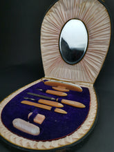 Load image into Gallery viewer, Vintage Manicure Tool Set in Original Case Box Art Deco Bakelite in Fitted Case Purple Velvet and Pink Silk Lined with Vanity Mirror Inside
