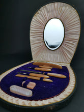 Load image into Gallery viewer, Vintage Manicure Tool Set in Original Case Box Art Deco Bakelite in Fitted Case Purple Velvet and Pink Silk Lined with Vanity Mirror Inside