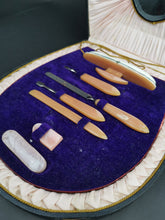 Load image into Gallery viewer, Vintage Manicure Tool Set in Original Case Box Art Deco Bakelite in Fitted Case Purple Velvet and Pink Silk Lined with Vanity Mirror Inside