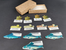 Load image into Gallery viewer, Vintage Celluloid Food Tag Labels Signs Set of 12 Caviar Sardine Pate de Foie Gras French