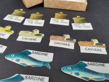 Load image into Gallery viewer, Vintage Celluloid Food Tag Labels Signs Set of 12 Caviar Sardine Pate de Foie Gras French