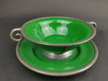 Load image into Gallery viewer, Antique Bowl and Plate Emerald Green Glass and Silver Pewter Metal Late 1800's - Early 1900's Original Hand Made